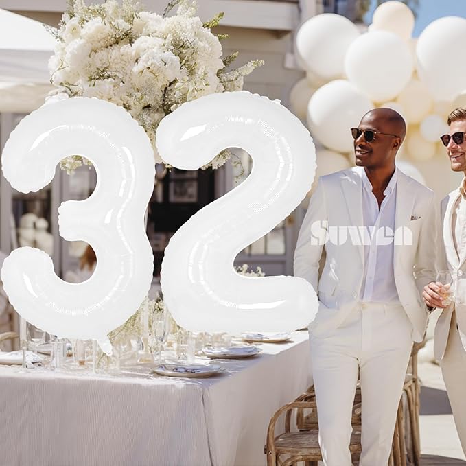 SUWEN 40 Inch White Large 32 Balloon Numbers Big Foil Helium Number Balloons 0-9 Giant Jumbo Happy 32nd Birthday Party Decorations for Men or Women Huge Mylar 23 Anniversary Party Supplies