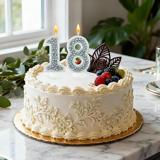18 Birthday Number Candle for Cake, Glitter Number Candle with Silver Beads, Decorative Cake Topper for Milestone Celebrations