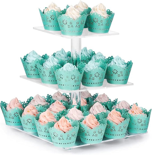 CECOLIC Acrylic Cupcake Stand Clear Cupcake Holder Display Stand Dessert Pastry Tower for Wedding Birthday Bar Party Décor (Square - 3 Tier)