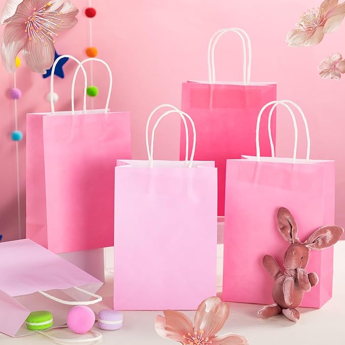 Humyoun 24 Pcs Pink Paper Gift Bags with Handles 8.3" x 5.9" x 3.1" Goodies Treat Candy Bags for Holiday Party Favor Gift Wrapping Baby Shower Wedding Birthday Party Supplies