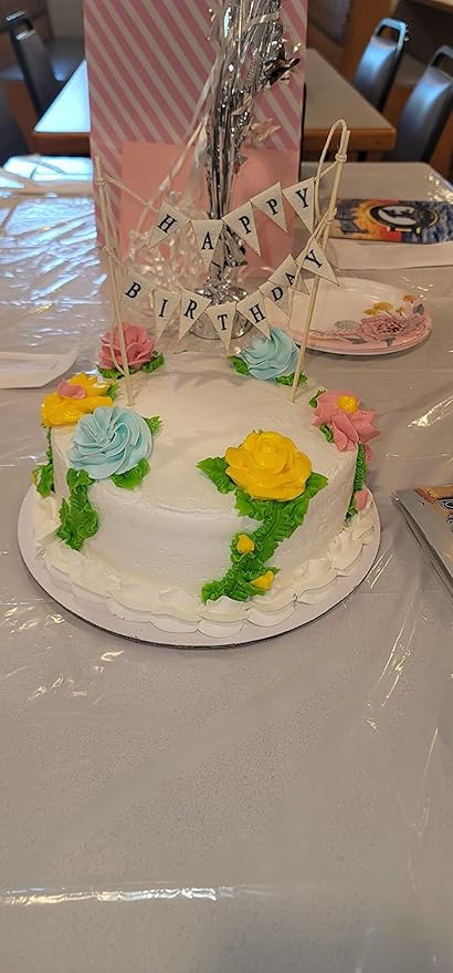 Happy Birthday Cake Bunting Topper Cake Topper Garland, Handmade Pennant Flags with Wood Pole Ivory (Without Pink Rose)