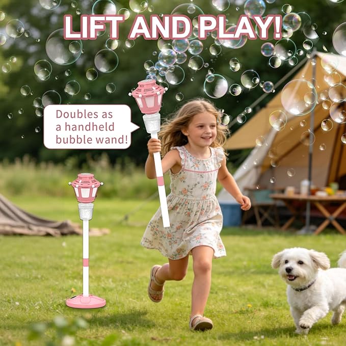 2 Pack Bubble Machine for Kids, Automatic Bubble Blower with Light & Rechargeable Battery, 40 Inch Adjustable Height Outdoor Toys for Party, Toddlers, Sibling Gifts (Includes 6 Solution), Pink