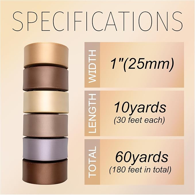 Light Brown Ribbon 1 Inch Wide Neutral Ribbon Tan Champagne Gold Satin Ribbon Assorted Solid Color Double Faced Satin Ribbon for Gift Wrapping Wedding Flower Bouquet Wrapping Hair Bows Crafts