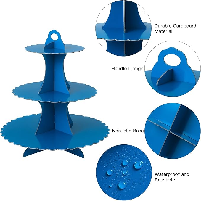 Soleebee 3-Tier Cupcake Stand, Cardboard Cupcake Tower, Dessert Cup Cake Stand Tower for Birthday Wedding Party Decoration, Cupcake Tier Stand 2 Set (Dark Blue)