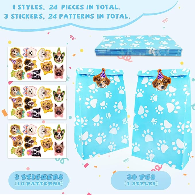 24 Pcs Dog Paw Print Gift Bags with Cute Dog Stickers - Party Favors for Puppy Birthday Party, Doggy Themed Goodie Bags for Pet Lovers, Blue Paper Treat Bags for Pet Party Supplies, Gift Wrapping & Candy