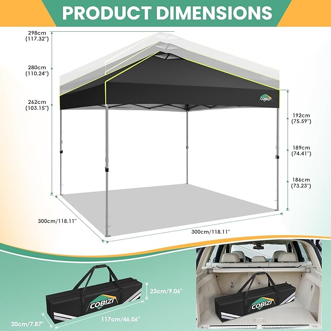 COBIZI 10x10 Pop Up Canopy Tent, Outdoor Party Tent Without Sidewall One Push Setup Glow, 3 Adjustable Height Air Vent Waterproof UPF50+, Bag, 4 Sandbag, 8 Stake, 4 Rope for Beach, Commercial