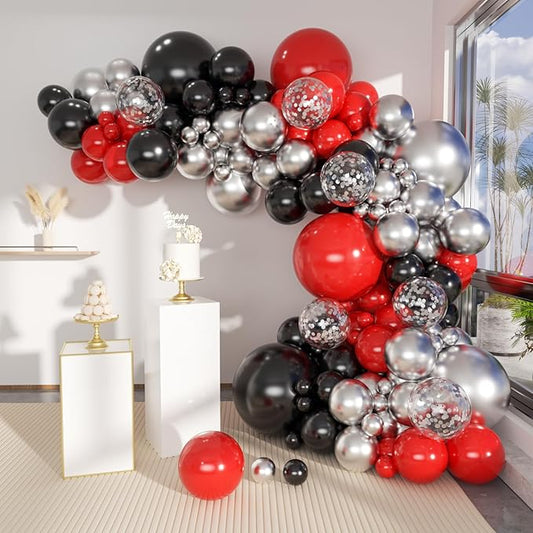 MEBAY Black Red Metallic and Confetti Silver Balloons Garland Arch Kit, 147 Pcs Latex Balloon Different Sizes for Birthday Party Graduation Father's Day Anniversary Bachelorette Party Decoration