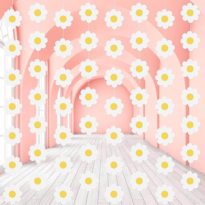 Pasimy 8 Pcs Daisy Boho Party Decorations Groovy Daisy Paper Garlands White Flower Hanging Garland Banner Hippie Flower Cutouts for Birthday Shower Wedding Party Favor Supplies(Fresh,White)
