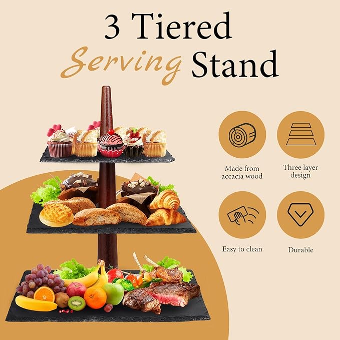 3 Tier Serving Tray 3 Tier Cupcake Stand Cupcake Stand Modern and Rustic Dessert Table Display,Slate & Acacia Wood Tiered Tray Serving Food Fruit Tray for Wedding Birthday Baby Shower