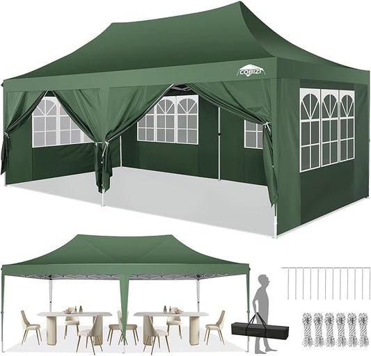 COBIZI 10x20 Pop Up Canopy with 6 Sidewalls,10x20 Canopy Tent Frame Upgraded with 3 Adjustable Heights,Waterproof UV50+ Outdoor Party Commercial Ez Up Gazebos with Carry Bag(10 x 20 ft Green)