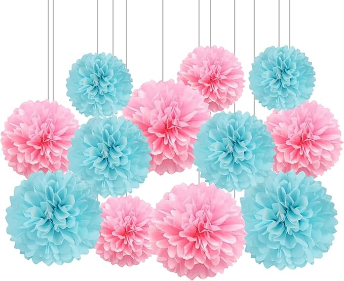 XIKSXITN 12 pc Pink & Blue Tissue Paper Pom Poms - Hanging Paper Flowers Ball for Party Decorative (8&10&12 inch)