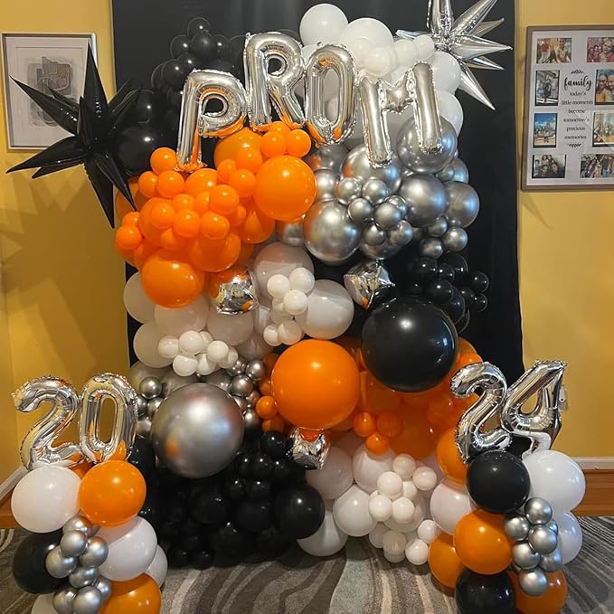 MEBAY Orange Black White and Metallic Silver Balloons Garland Arch Kit, 146 Pcs Latex Balloons with Confetti for Birthday Party Graduation Father's Day Anniversary Bachelorette Party Decoration