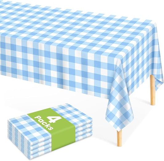 Mulbozy 4 Pcs Light Blue Checkered Tablecloth 54 ×108 Inches Rectangle Blue Gingham Tablecloth Disposable Plastic Waterproof Table Cover for Outdoor Picnic, Kitchen, Holiday Birthday Party