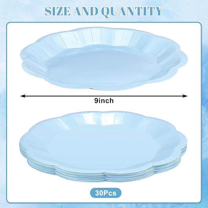 NatNarr 30 Pcs Light Blue Paper Plates 9 Inch Scalloped Baby Blue Plates Disposable Dinner Plate Party Plate for Wedding, Boy Baby Shower, Birthday, Party