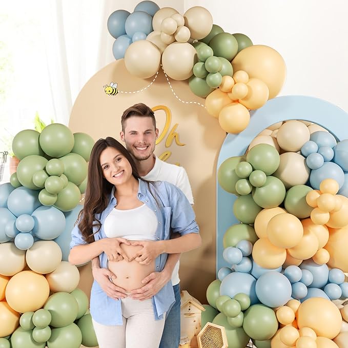 156pcs Blue and Yellow Balloon Arch Kit, Pastel Balloons with Blue Yellow Sage Green Sand White Balloons for Classic Bear Themed Baby Shower Wedding Birthday Party Decorations