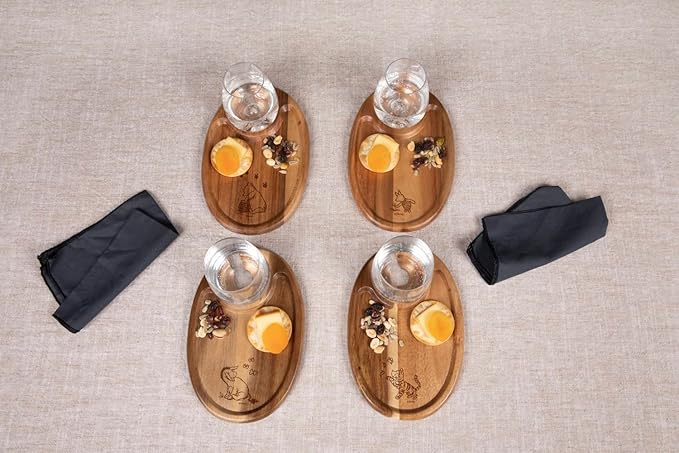 PICNIC TIME Disney Winnie the Pooh Wine Appetizer Plate Set of 4 with Glass Holder, Acacia Wood Cocktail Plates for Cheese Charcuterie and Easy Entertaining, (Acacia Wood)