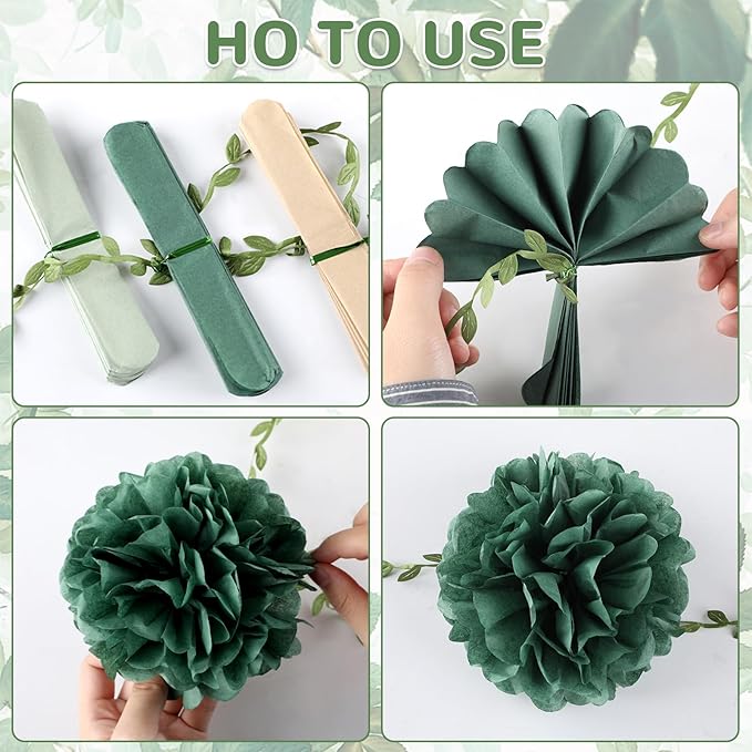 2Pcs Sage Green Tissue Paper Pom Pom Garlands Sage Green Flower Leaves Banner Hanging Paper Flower Garlands for Birthday Baby Shower Boho Wedding Engagement Bridal Shower Party Decor 8.2ft