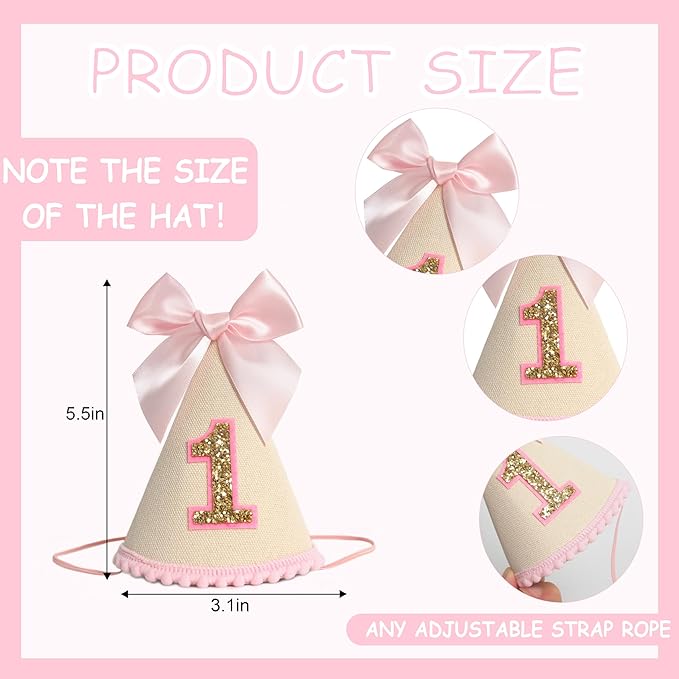 Pink Bow 1st Birthday Hat For Girl -Pink Girls First Birthday Decorations,Princess Theme Photo Prop,Size: 5.5×3.1 In