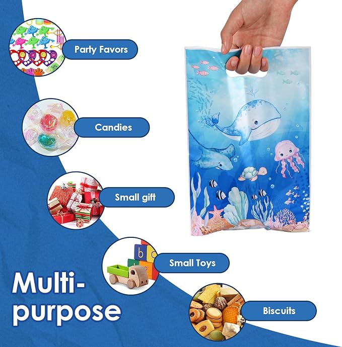 50 Pcs Ocean Animal Party Favor Bags with Handles - Plastic Under the Sea Party Goodie Bags for Candy & Small Gifts, Bulk Supplies for Wedding Baby Shower Treat Bags, Holiday Gift Bags(Thanksgiving, Halloween, Christmas, New Years), Birthday Party Deco...
