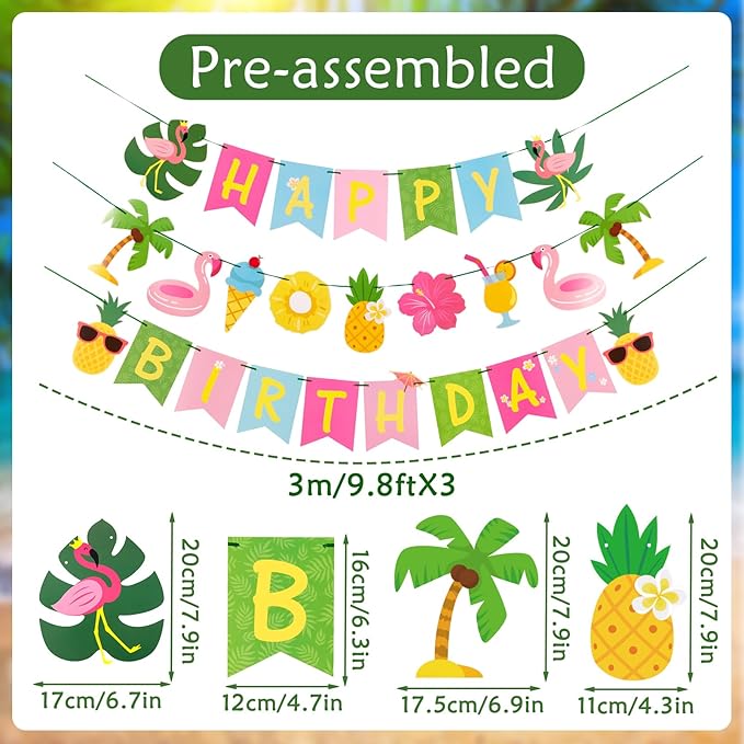 SUNBEAUTY Hawaiian Happy Birthday Banner Tropical Luau Party Birthday Flamingo Pineapple Palm Leaf Banner for Summer Birthday Party Decorations Supplies | Pre-Strung
