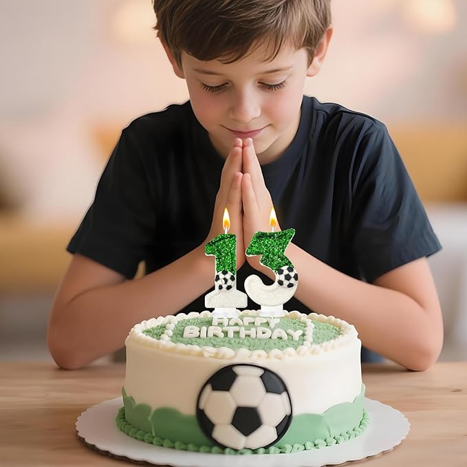 Soccer Birthday Candles Cake Topper for Girl and Boy, Wedding Cakes, Anniversaries, Party Celebrations, Birthday Decorations (Green White, 13)