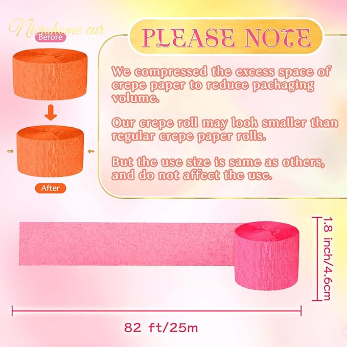 NICROHOME EUR Orange Pink Summer Party Crepe Paper Streamers, 5 Rolls Retro Hanging Garland Streamers for Sunset Party Birthday Wedding Baby Shower Fall Thanksgiving Backdrop Decor (1.8 x 82 Ft/Roll)