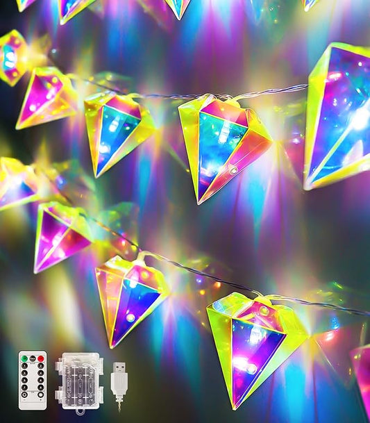 AceList Iridescent Big Diamond String Lights 10Ft 20 LED Fairy Light with Remote, Holographic Decor for Engagement Party Decorations Wedding Proposal Bachelorette Christmas Birthday Children (White)