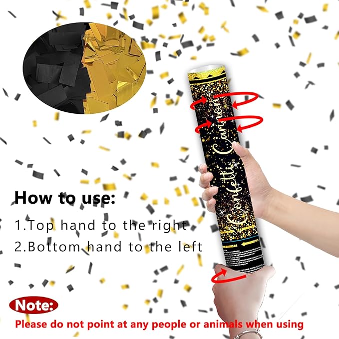 12" Black Gold Confetti Cannon Party Poppers for Birthday Graduation Wedding Retirement New Year Celebrations - Easy to Use, Black Paper and Gold Foil Confetti - Pack of 4