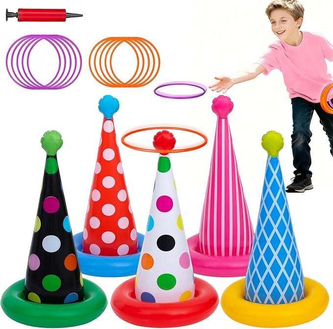 Inflatable Ring Toss Game, Birthday Party Games Ring Toss Game for Kids Adults Birthday Party Decorations Lawn & Yard Games Toys for Family 5-Pack with 10 Plastic Rings