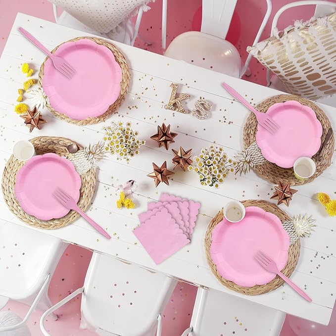 96 Pieces Pink Scalloped Tableware Set Party Supplies ??Solid Color Disposable Dinnerware with Paper Plates, Napkins, and Forks for Girls Birthday, Baby Showers, Tea Parties ??Serves 24