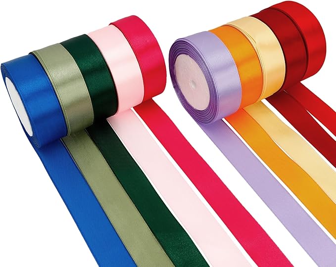 Rainbow Ribbon Assortment - 10 Rolls, 1 Inch, Pastel & Red, Colorful, Perfect for Crafts, Hair Bows, Graduation & Bachelorette Parties