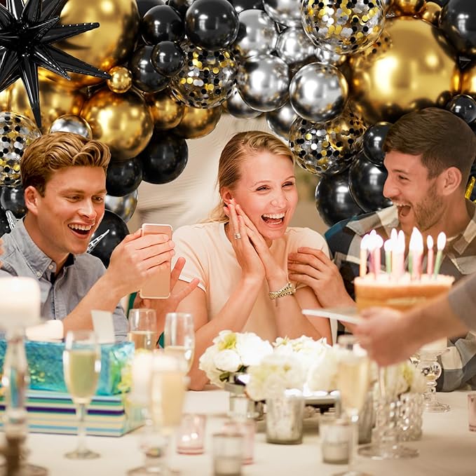 137Pcs Black Gold and Silver Balloons Garland Arch Kit with Stars - 5 10 12 18 inch Black Gold Silver Latex Party Balloons for New Year Birthday 2026 Graduation Retirement Party Decoration