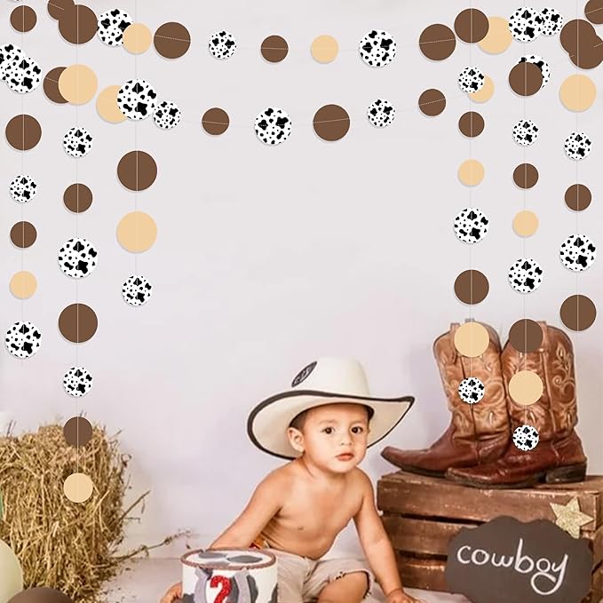 Western Cowboy Party Decorations Brown Khaki Circle Dot with Cow Printed Polka Dots Garland Streamer for My First Rodeo Birthday Baby Shower Wedding Engagement Bachelorette Party Decorations Supplies