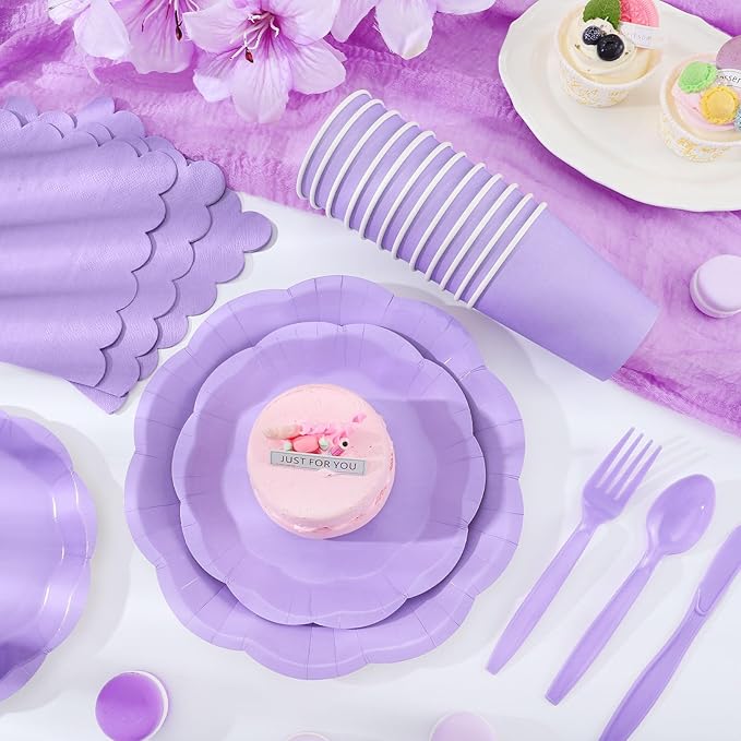 NatNarr 350 Pcs Light Purple Party Supplies Include Scalloped 9" Lavender Plates 7" Cake Plate Napkins Cups Forks Knives Serve 50 Guest Party Tableware for Wedding Baby Shower Birthday Party