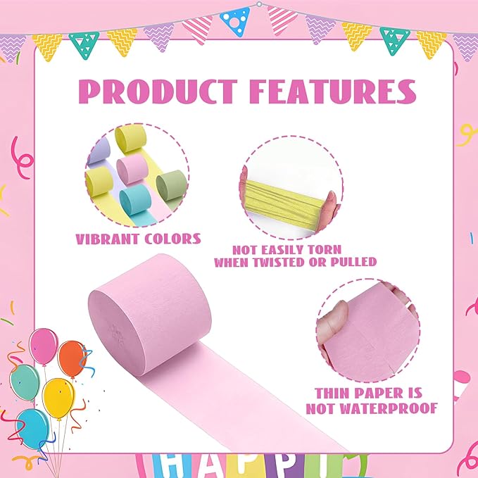Pastel Colourful Crepe Paper Streamers 6 Rolls 32ft Donut Party Supplies Easter Birthday Baby Shower Sweet Shop Decorations