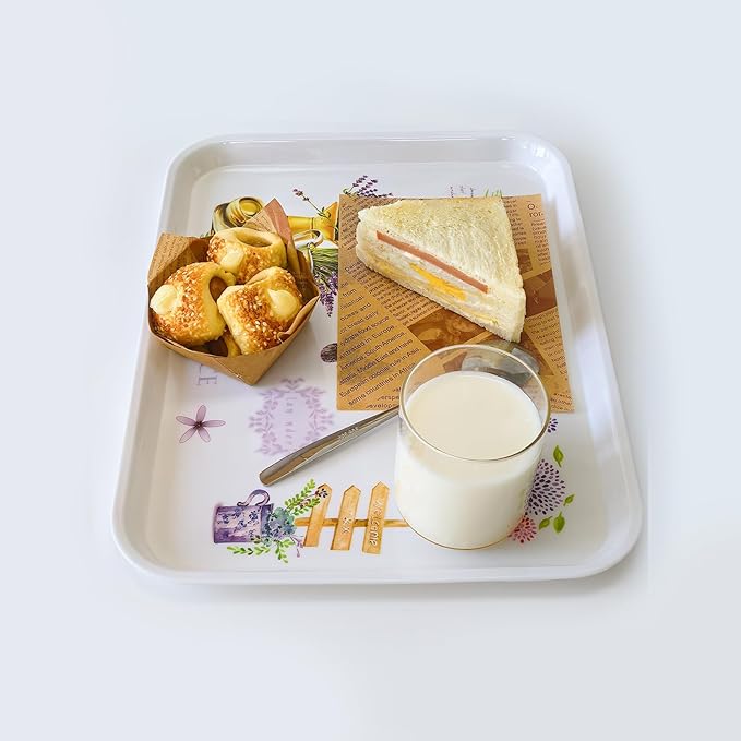 Large Serving Platter Melamine Trays 2 Pack Stackable Food Tray with Floral Print for Gift, Party, Decor, Home, Restaurant (Purple Lavender, Medium)