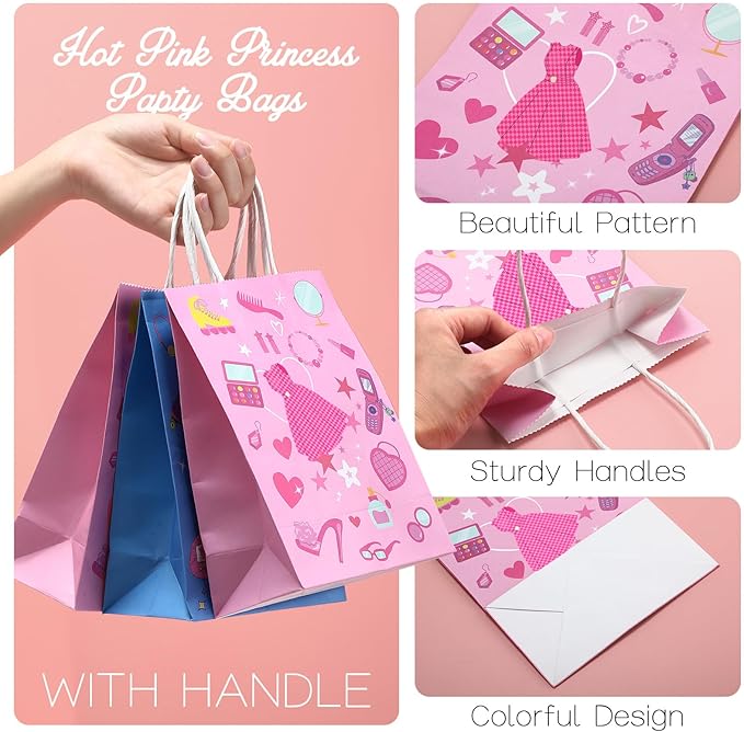 Dansydaisy 24 Pcs Hot Pink Goodie Bags Princess Gift Princess Party Favor Cute Candy Treat Bags with Handles for Birthday Party Favor Supplies Decorations