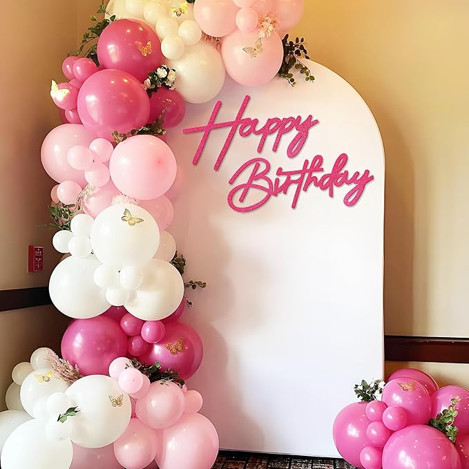 Happy Birthday Sign for Backdrop - Hot Pink Glitter Felt 'Happy Birthday' Letter Sign for Balloon Arch Backdrop Decorations