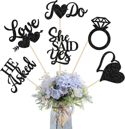 12 Pack He Asked She Said Yes Centerpiece Sticks Love Heart I do Ring Table Centerpiece Sticks for Wedding Engagement Bridal Theme Party Supplies Gold (black)
