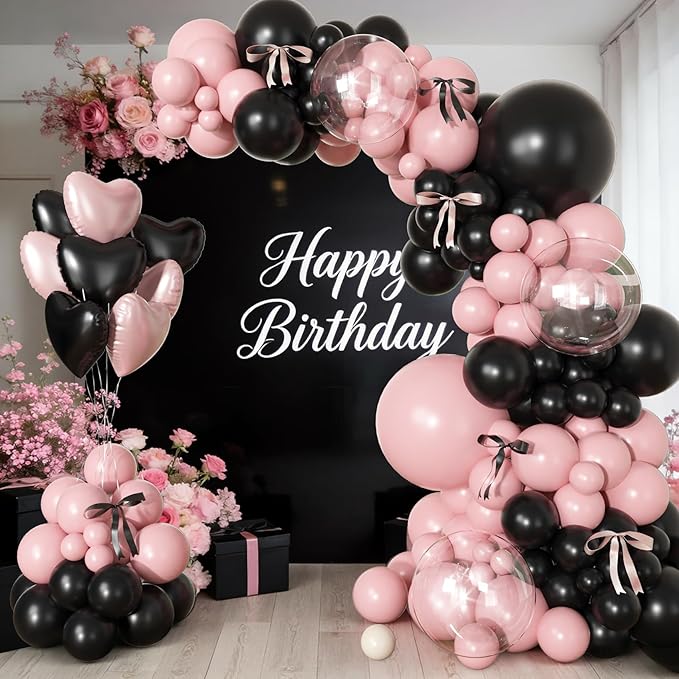 157Pcs Pink Black Balloon Garland Arch Kit, Baby Pink and Black Birthday Decorations with Bows Heart Foil Balloons for Girls Women Coquette Theme Birthday Wedding Bridal Baby Shower Party Decorations
