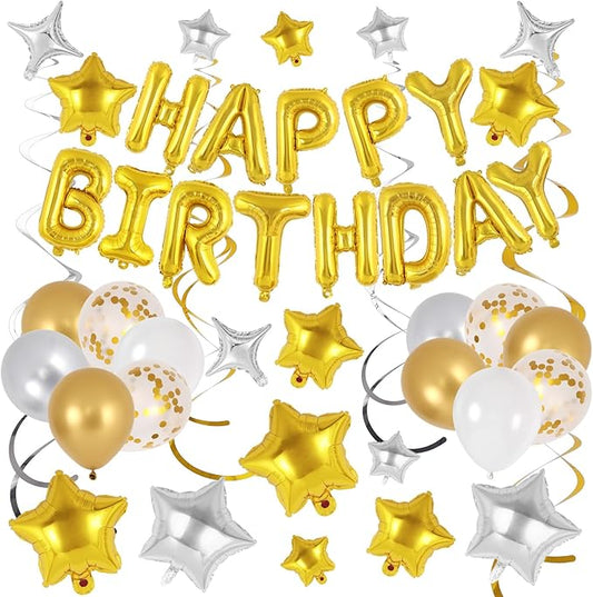 55 Pcs Happy Birthday Balloons Letters Banner with 35 Pcs Star Foil Balloon, 20 Pcs Latex Balloons, 6 Hanging Swirls for Women Men Boys Girls Birthday Party Decorations Set ﻿ (Gold)