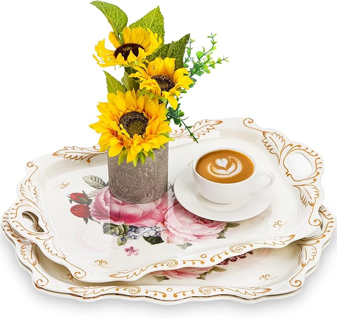 DEAYOU 3-Pack Melamine Serving Tray, Stackable Food Tray with Handles for Eating, Unbreakable Large Serving Platter with Floral Print for Gift, Party, Decor, Home, Restaurant, 16"L x 11"W, Rectangle