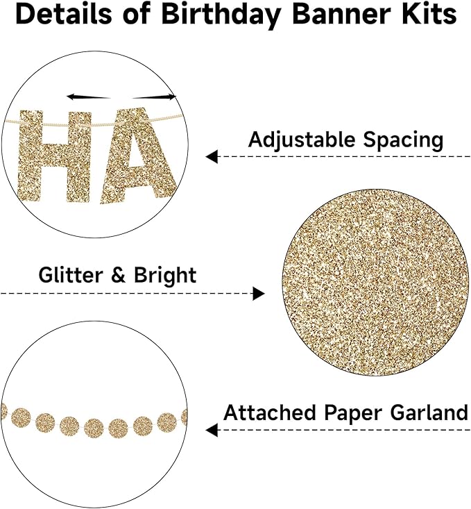 GCQQ Champagne Gold Happy Birthday Banner - Pre-Strung Glitter Gold 3M Pre-Strung Letter Banners + 2.5M Dot Garland Birthday Party Decorations for Women, Bridal Shower, Baby Shower & Anniversary