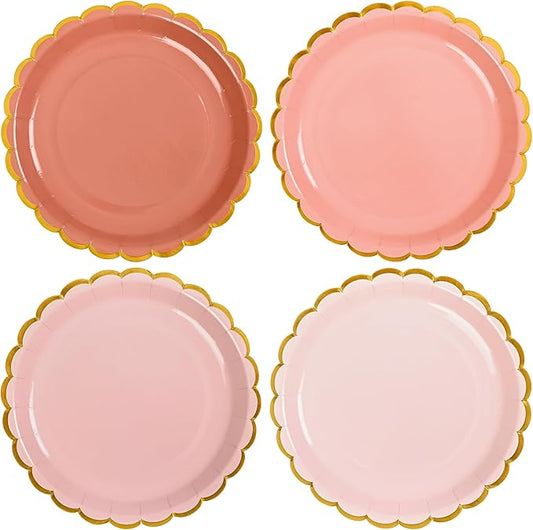 AimFun 24 Pcs Dusty Pink Scalloped Party Plates Valentines Day Gold Foil Border Paper Plates Disposable 9inch Gradient Serving Plates for Birthday Wedding Bridal Baby Shower Party Supplies