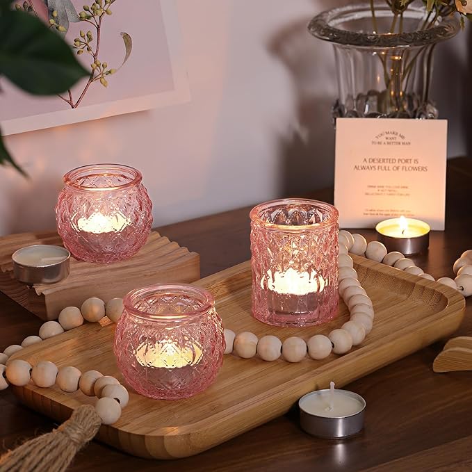 DARJEN 12Pcs Pink Votive Candle Holders- Glass Candle Holders Bulk for Flameless Tea Waxes, Romantic Candle Holder for Wedding & Parties, Home Table Decor