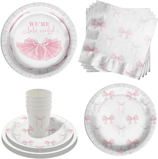 We're Tutu Excited Pink Bows Baby Shower Party Supplies - 64 Piece Ballerina Baby Shower Tableware Set Includes Large 9" Dinner Plates and 8" Dessert Paper Plates Napkins Cups - Kit for 16