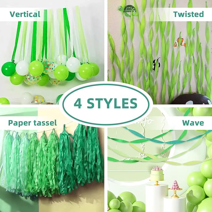 PIGETALE 8 Pack Green White Crepe Paper Streamers Rolls, 656ft Party Streamers for Birthday Wedding Baby Bridal Shower Decorations Halloween Christmas Craft Festival Supplies (1.8 Inch x 82 Ft/Roll)