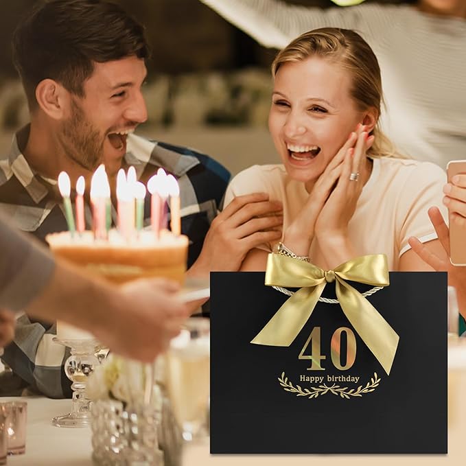 JMANNI Black Gold 40th Birthday Gift Bag with Card and Tissue Paper, 12.6"×9.84"×3.9" Elegant Present Bag for Adults, 40 Year Old Birthday Keepsake Party Supplies