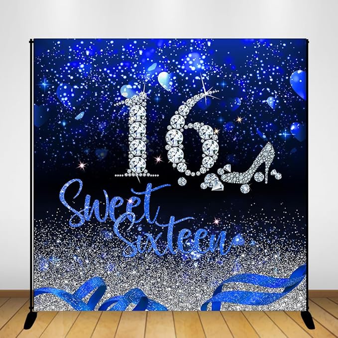 Mocsicka Blue and Silver 16th Birthday Backdrop Early 2000s Blue Heart Glitter Diamonds Background Girls Sweet Sixteen Birthday Party Supplies (8x8ft(96x96 inch))
