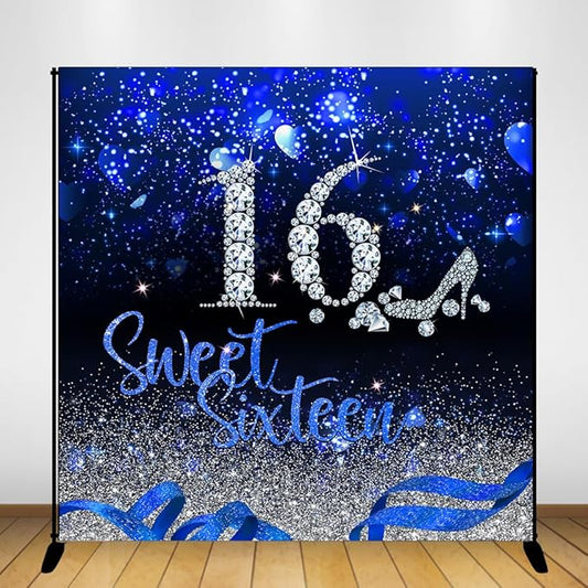 Mocsicka Blue and Silver 16th Birthday Backdrop Early 2000s Blue Heart Glitter Diamonds Background Girls Sweet Sixteen Birthday Party Supplies (8x8ft(96x96 inch))